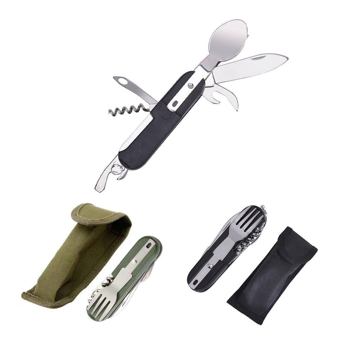Portable Folding Knife, Fork and Spoon Set for Camping, Six Tools in One - Black - view 3