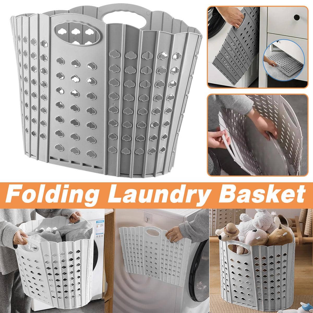 Portable Folding Laundry Basket with Handles for Clothes and Toys - Grey