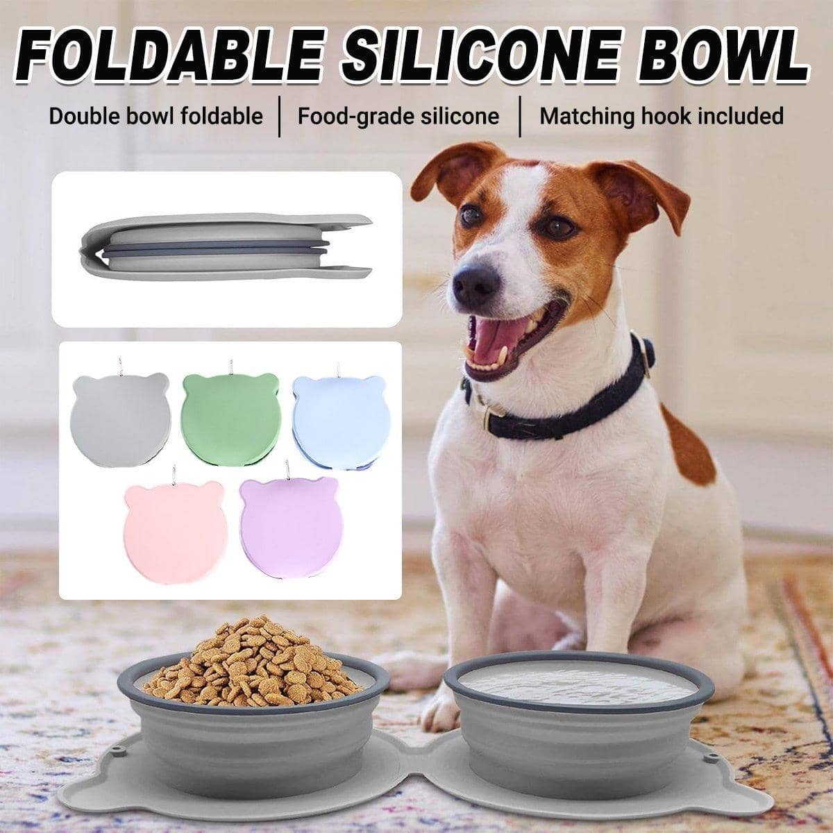 Portable Folding Pet Bowl, Double Bowl - Grey - view 2