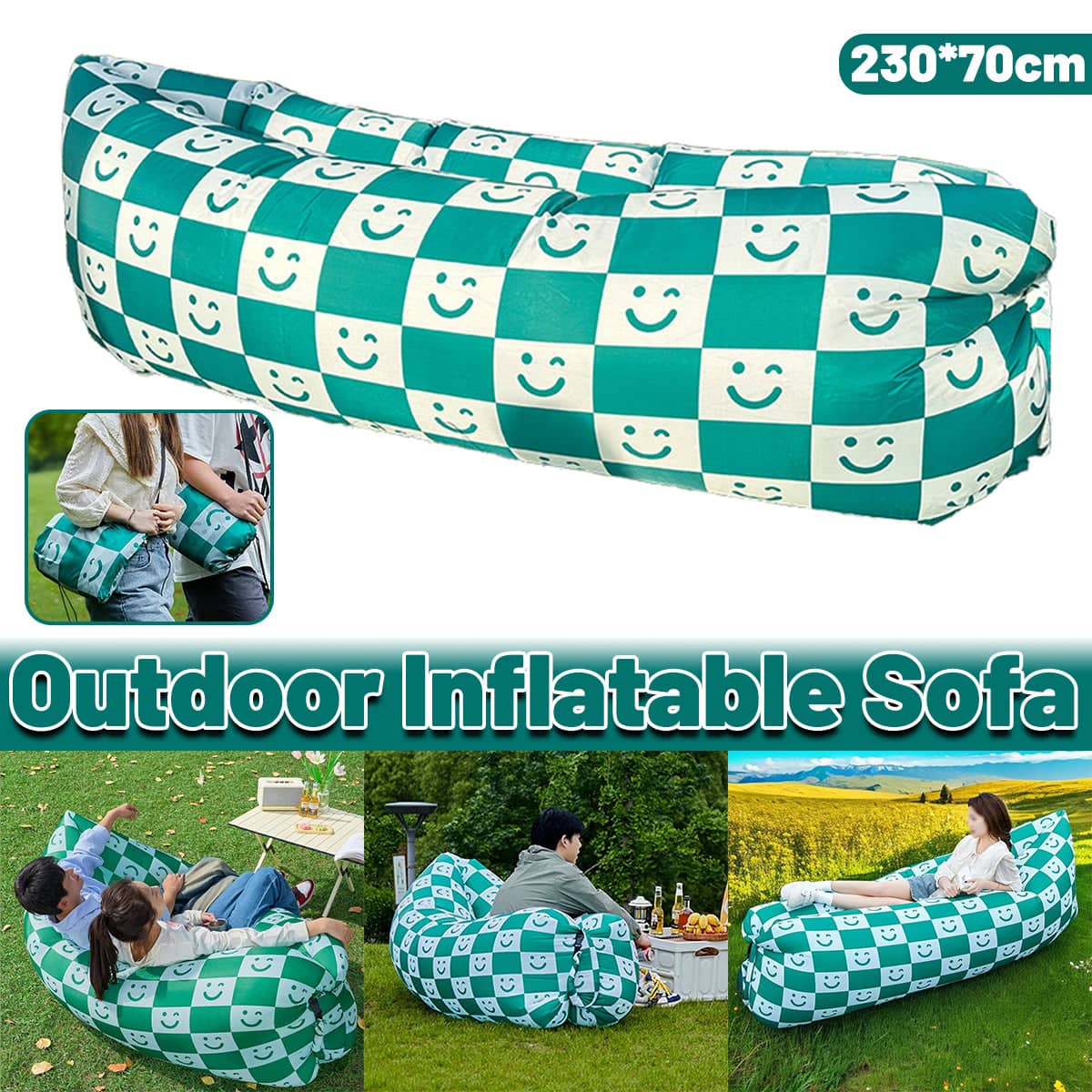 Portable Inflatable Air Sofa Lounger - Green and White Smiley Check Print, 230 x 70 cm