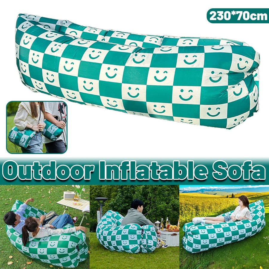 Portable Inflatable Air Sofa Lounger - Green and White Smiley Check Print, 230 x 70 cm