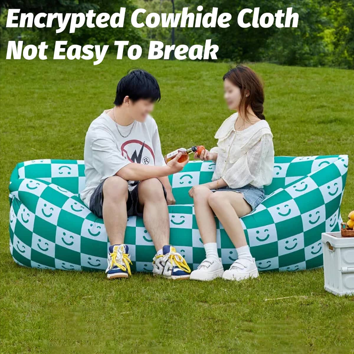 Portable Inflatable Air Sofa Lounger - Green and White Smiley Check Print, 230 x 70 cm - view 4
