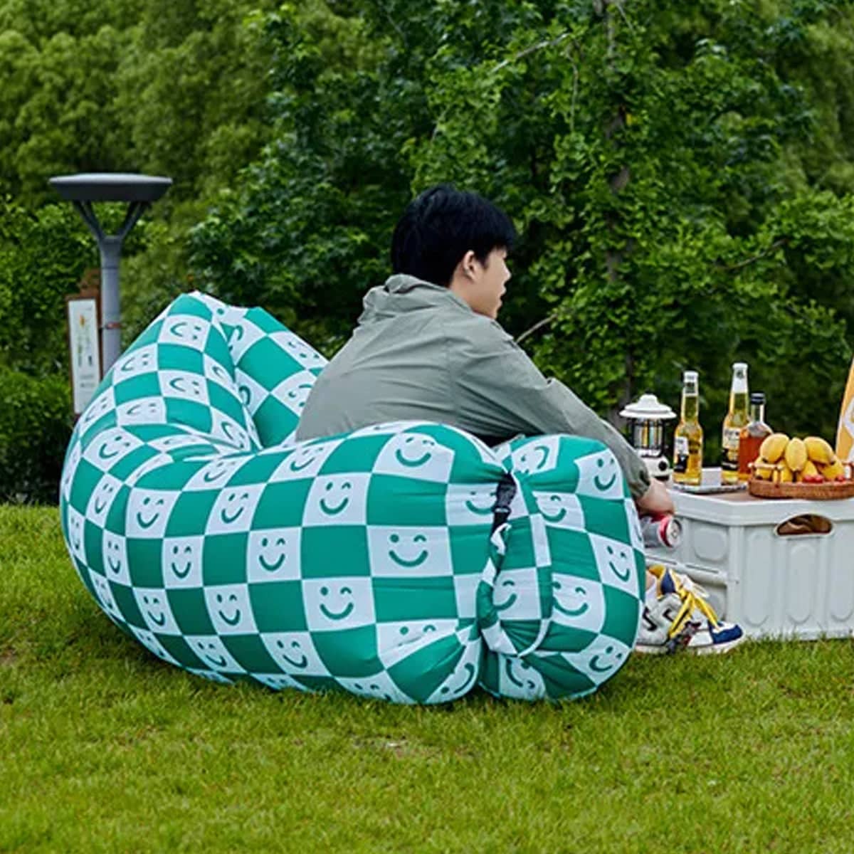 Portable Inflatable Air Sofa Lounger - Green and White Smiley Check Print, 230 x 70 cm - view 5