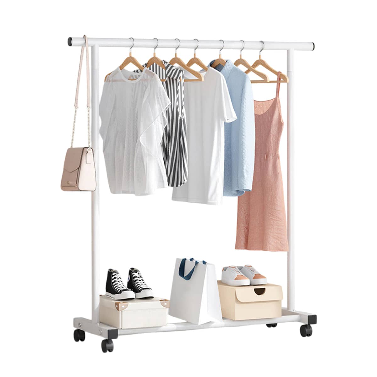 Portable Iron Clothes Rack with Wheels for Entryway and Bedroom - White