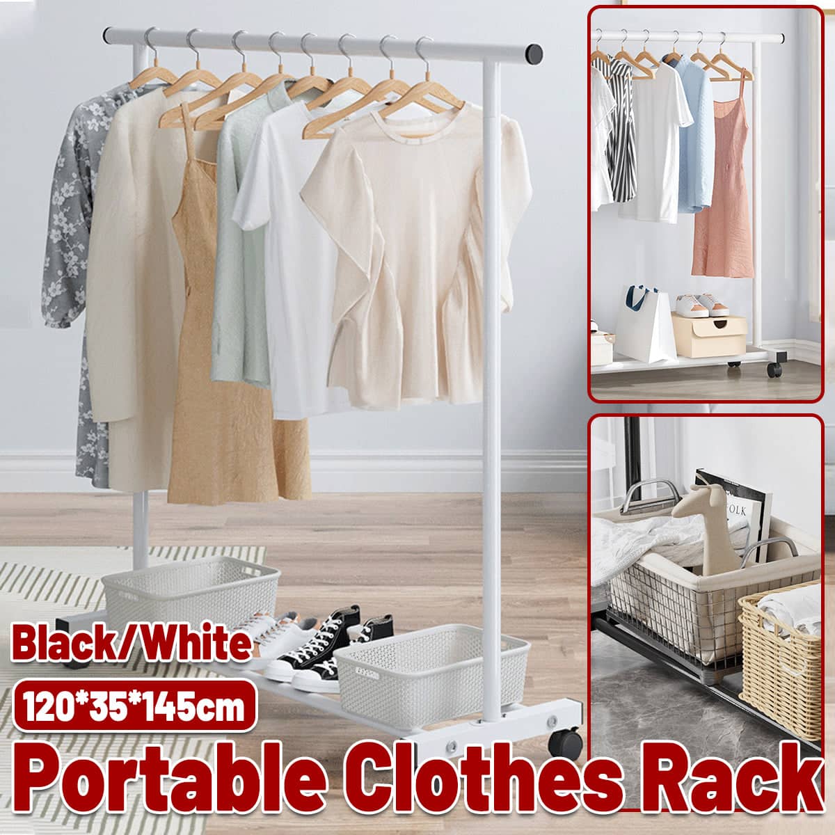 Portable Iron Clothes Rack with Wheels for Entryway and Bedroom - White - view 2