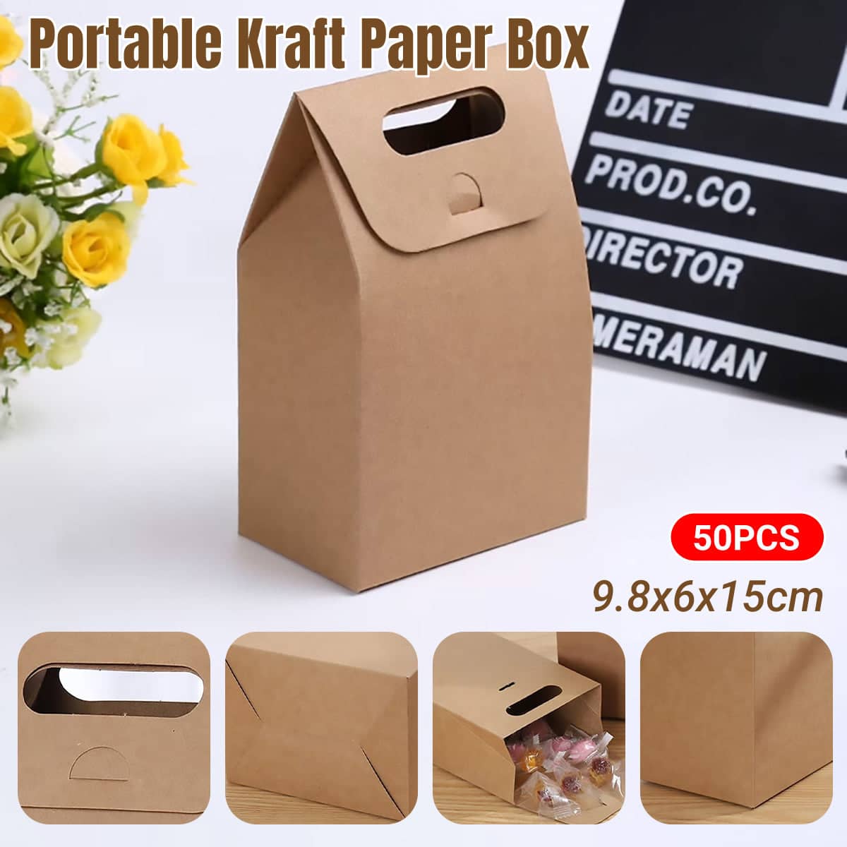 Portable Kraft Paper Gift Boxes with Handle, Set of 50 for Birthdays and Holidays
