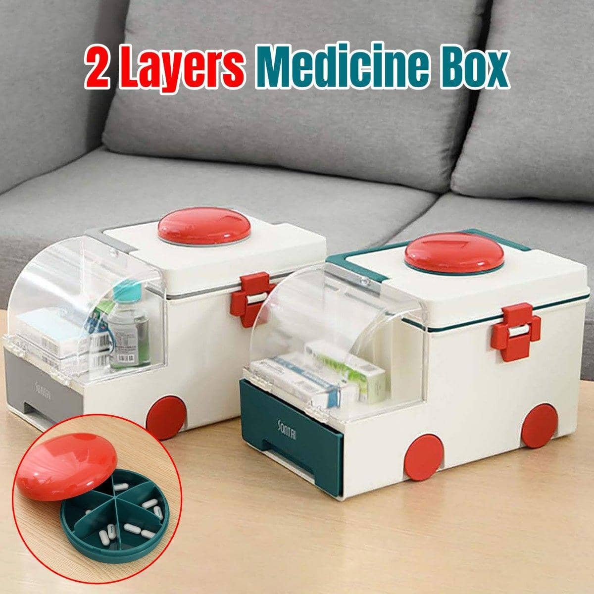 Portable Medicine Storage Box, Two-Layer First Aid Organiser - Grey - view 2