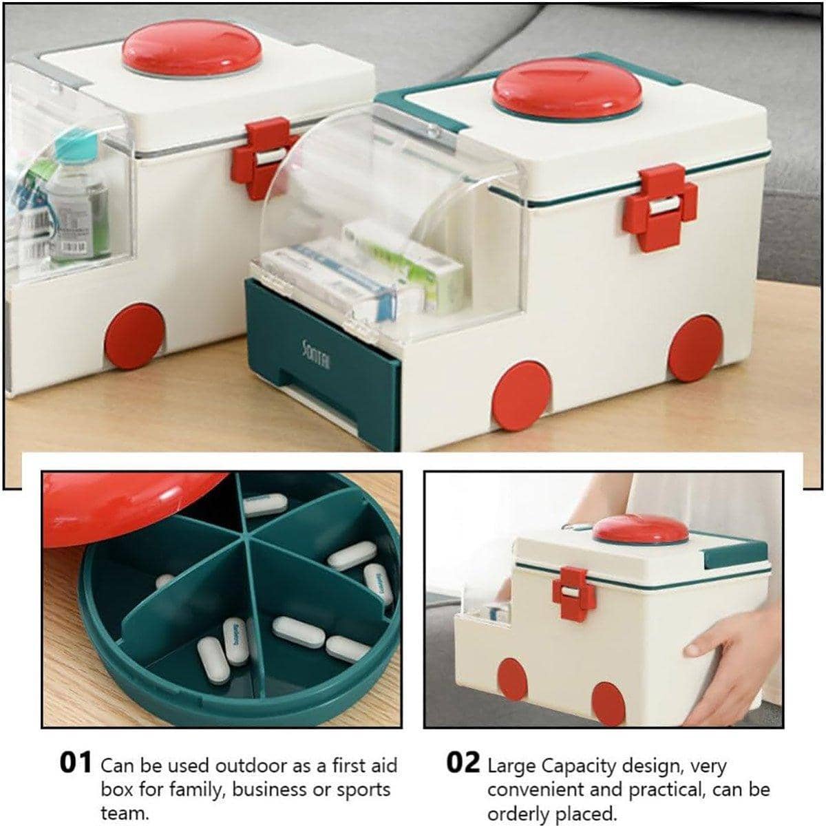 Portable Medicine Storage Box, Two-Layer First Aid Organiser - Grey - view 5