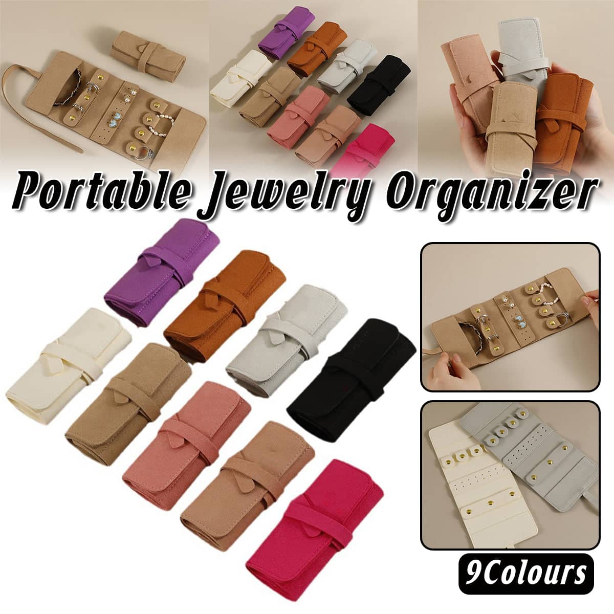 Portable Microfibre Jewellery Storage Roll for Earrings and Necklaces - Brown - view 2
