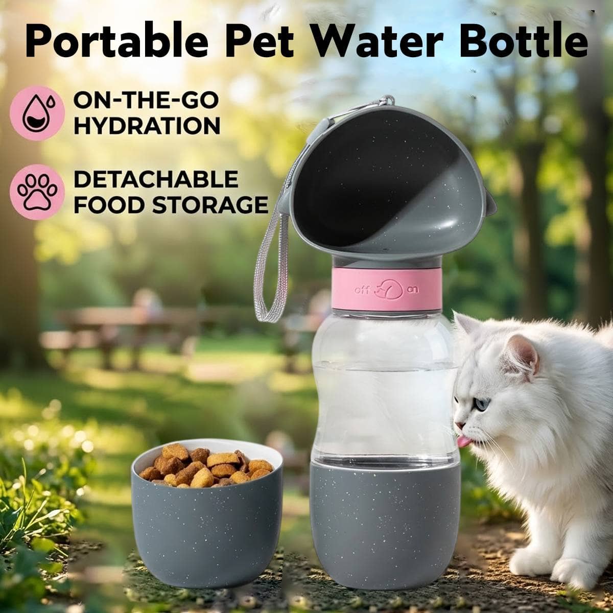 Portable Pet Water Bottle with Food Cup and Wrist Strap, Grey