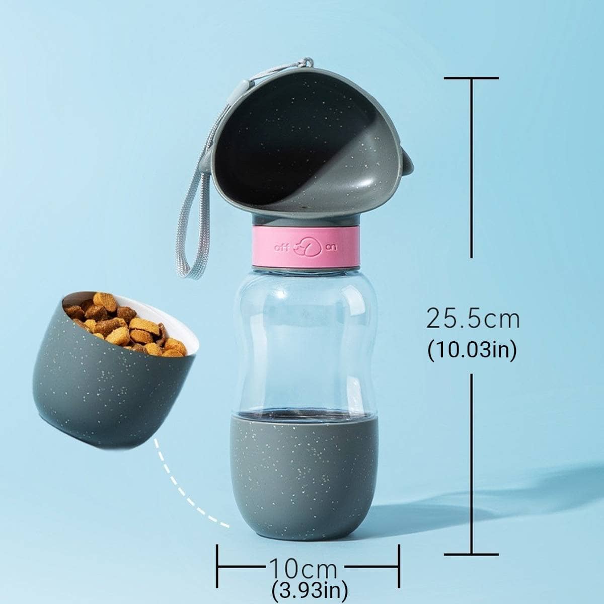 Portable Pet Water Bottle with Food Cup and Wrist Strap, Grey - view 3