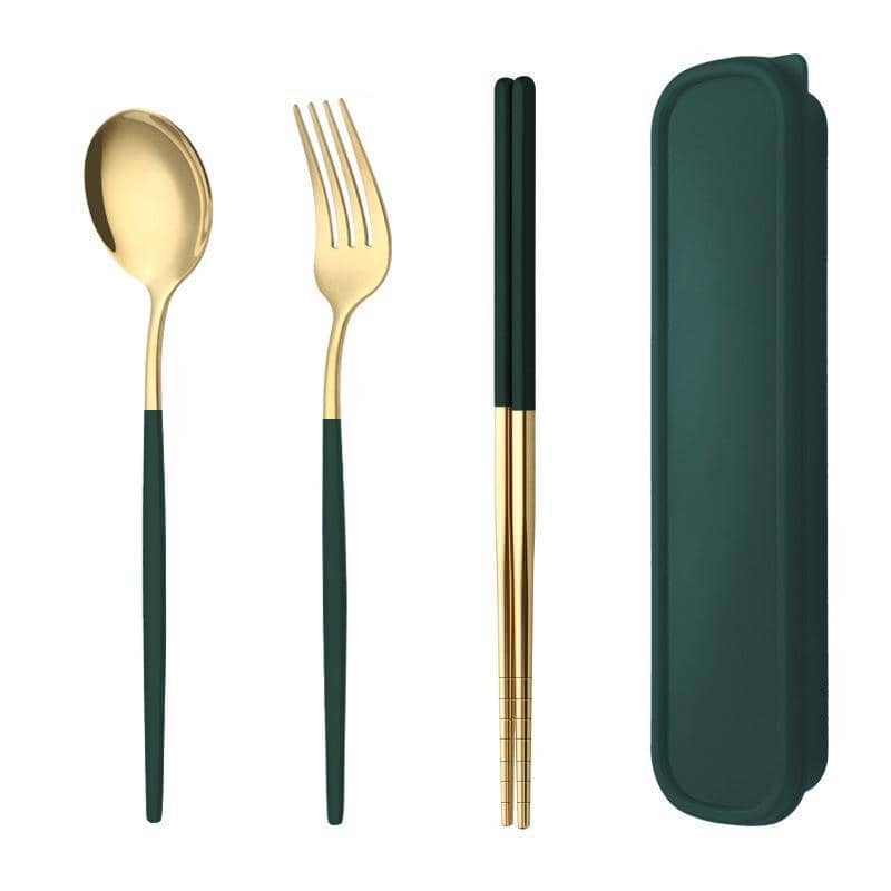 Portable Stainless Steel Cutlery Set with Case, 5 Piece - Dark Green