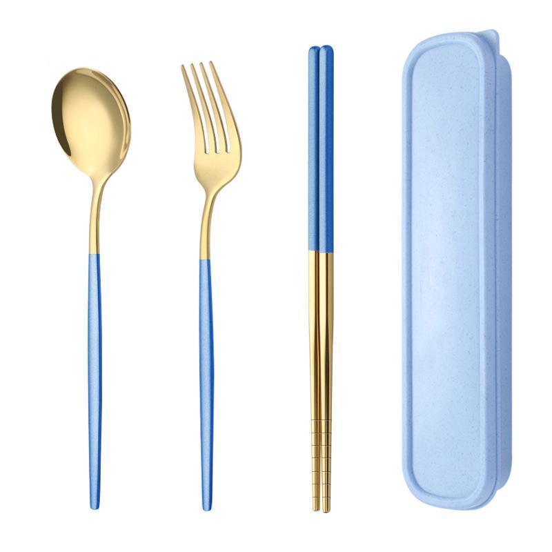 Portable Stainless Steel Cutlery Set with Case, 5 Piece - Light Blue
