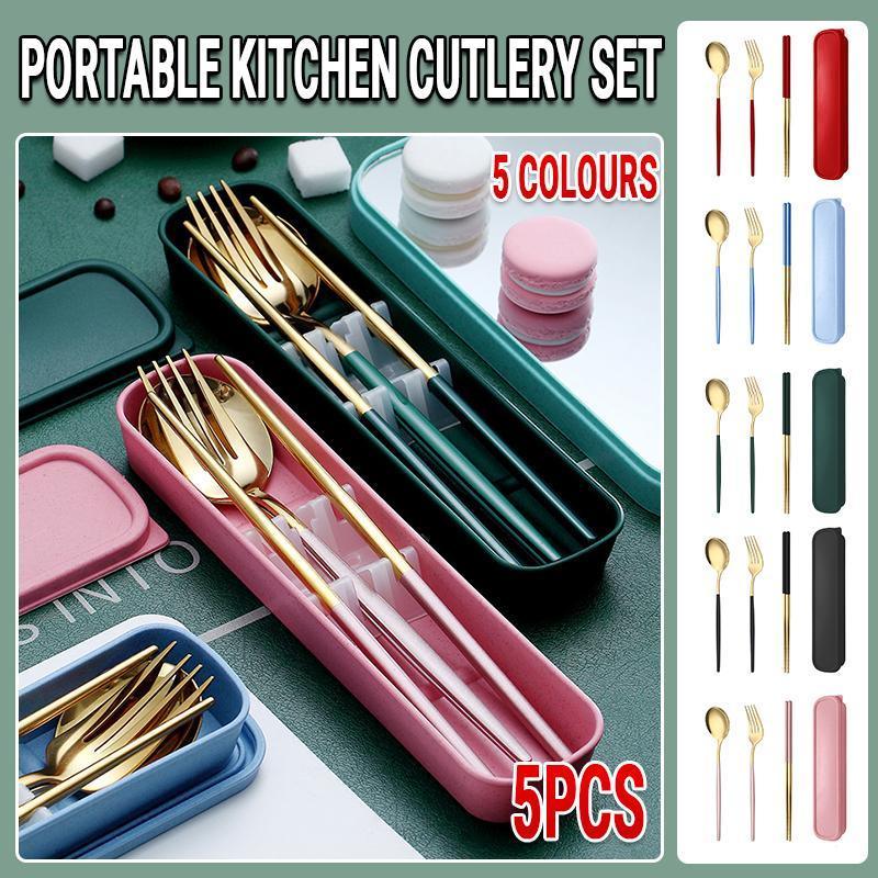Portable Stainless Steel Cutlery Set with Case, 5 Piece - Light Blue - view 2