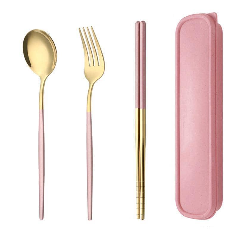 Portable Stainless Steel Cutlery Set with Case, 5 Piece - Pink