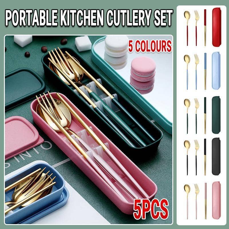 Portable Stainless Steel Cutlery Set with Case, 5 Piece - Pink - view 2