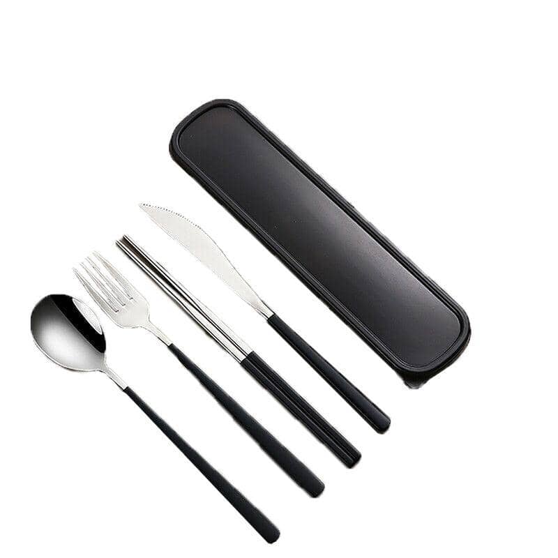 Portable Stainless Steel Cutlery Set with Chopsticks, 6 Piece - Silver and Black