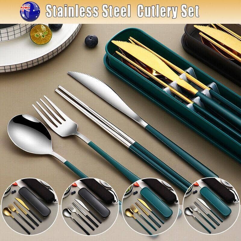 Portable Stainless Steel Cutlery Set with Chopsticks, 6 Piece - Silver and Black - view 2