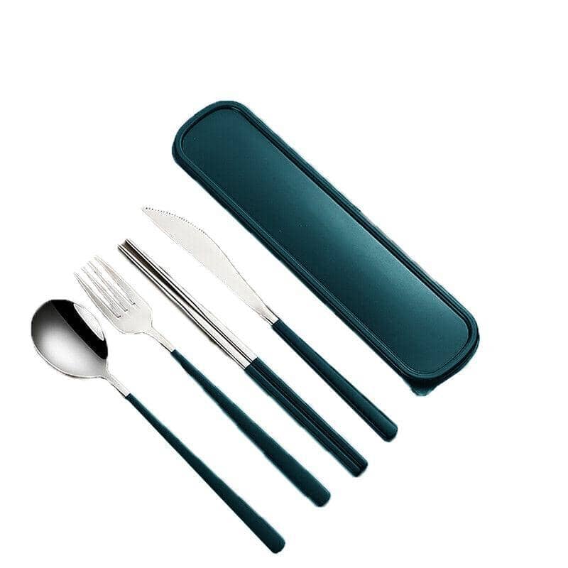 Portable Stainless Steel Cutlery Set with Chopsticks, 6 Piece - Silver and Green