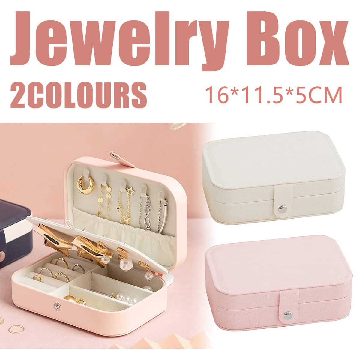 Portable Travel Jewellery Box with Compartments, 16 x 11.5 x 5 cm - Pink - view 2