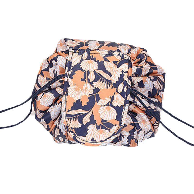 Portable Travel Makeup Bag Drawstring Cosmetic Pouch Organiser - Orange Flower