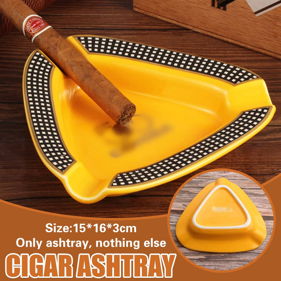 Portable Triangle Ceramic Cigar Ashtray for 3 Cigars, Yellow and Black