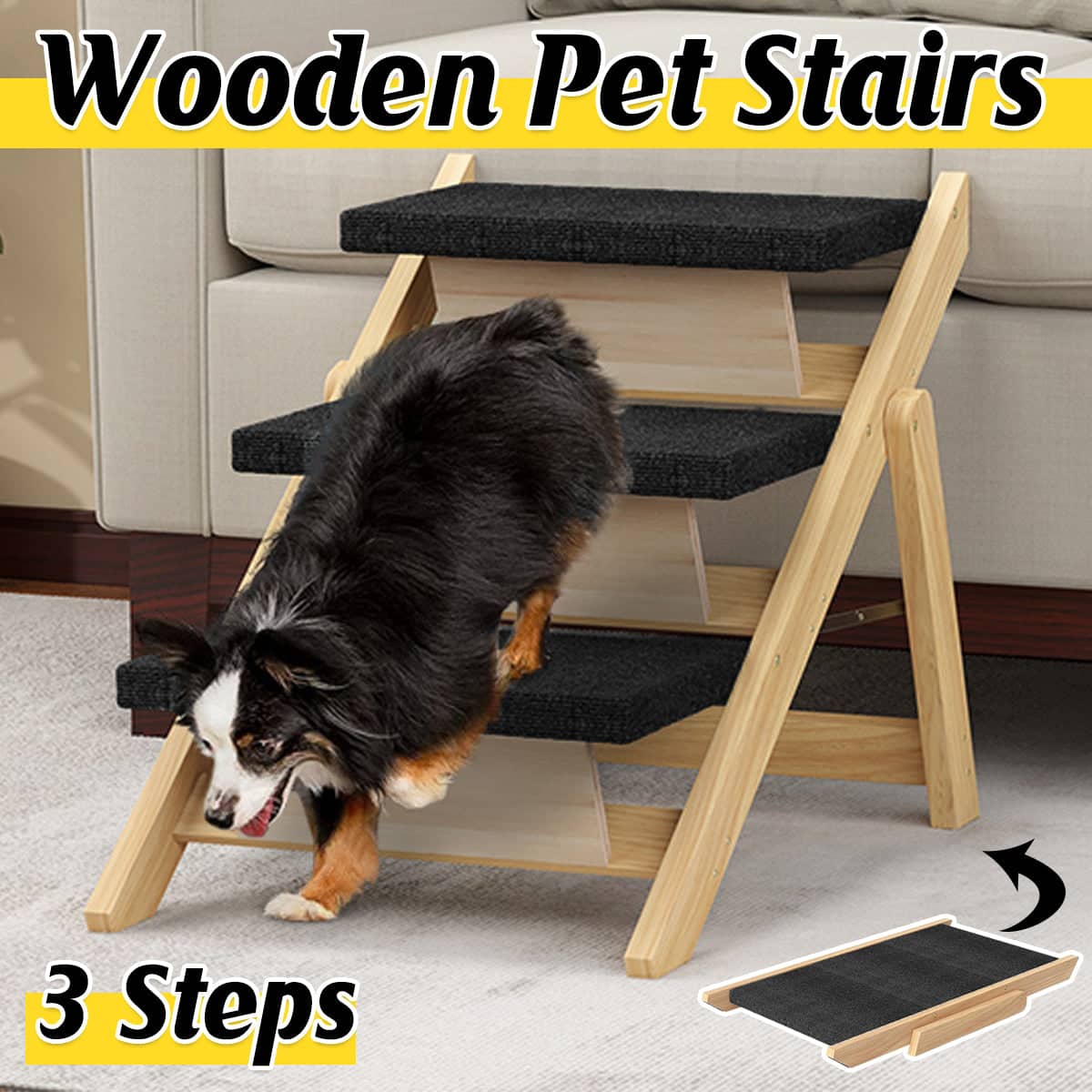 Portable Wooden 3 Step Pet Stairs with Non-Slip Steps and Ramp for Dogs and Cats