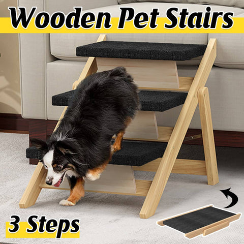 Portable Wooden 3 Step Pet Stairs with Non-Slip Steps and Ramp for Dogs and Cats