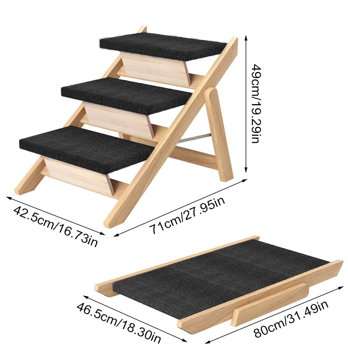 Portable Wooden 3 Step Pet Stairs with Non-Slip Steps and Ramp for Dogs and Cats - view 3