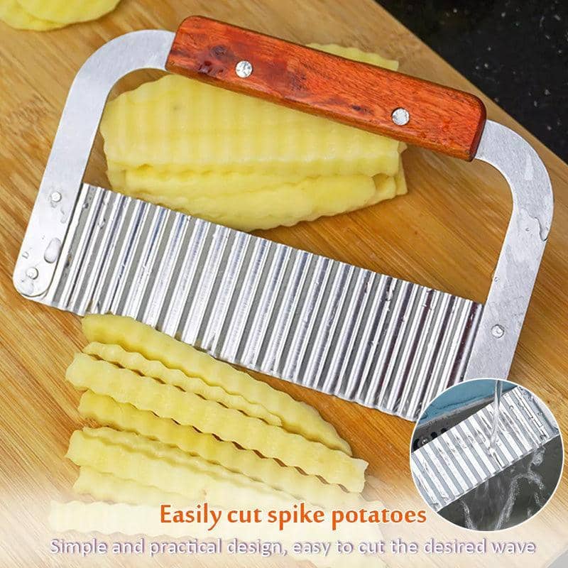 Potato Crinkle Cutter Wavy Slicer with Stainless Steel Blade and Wooden Handle