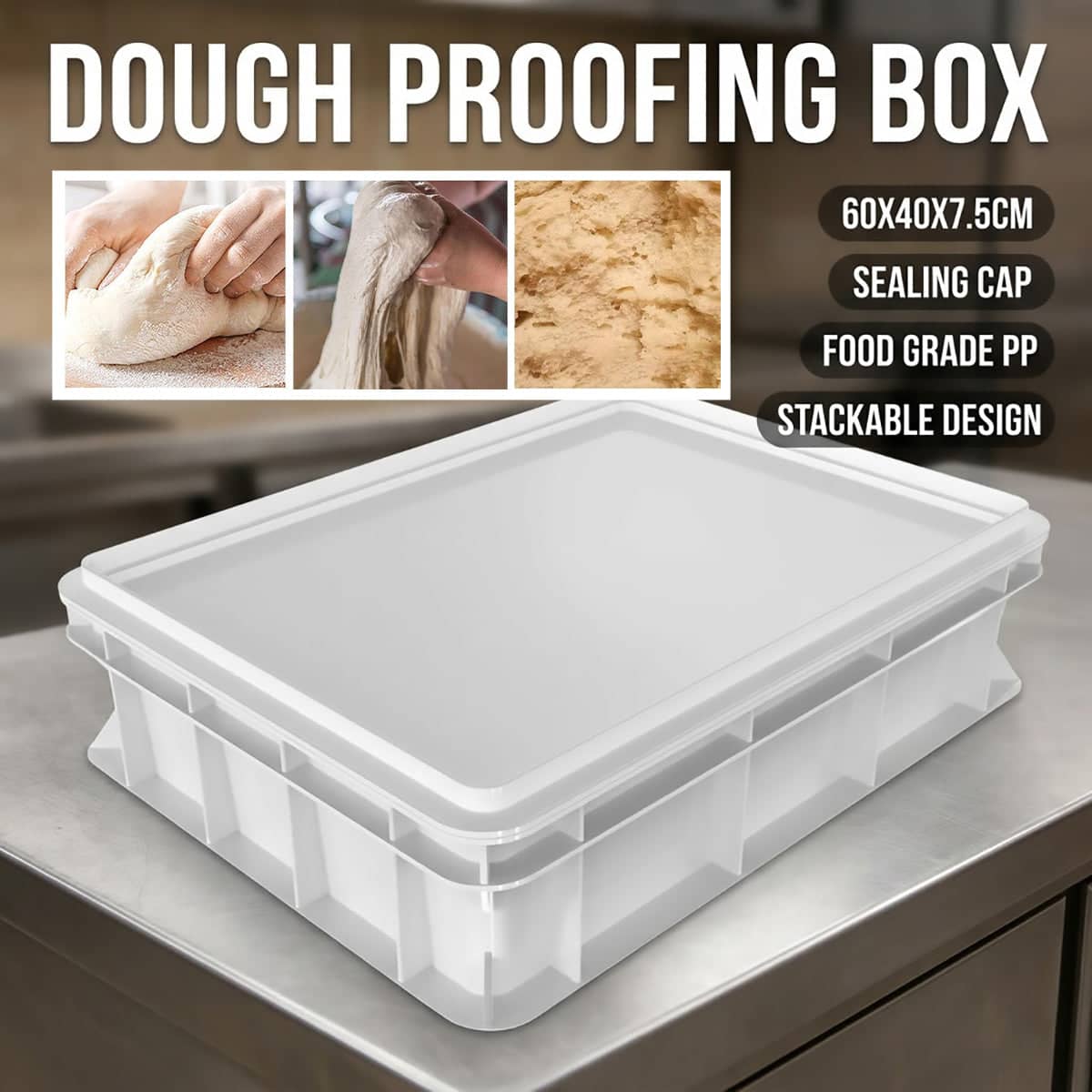 PP Dough Proofing Box with Lid 60 x 40 x 7.5 cm Stackable Bakery Tray