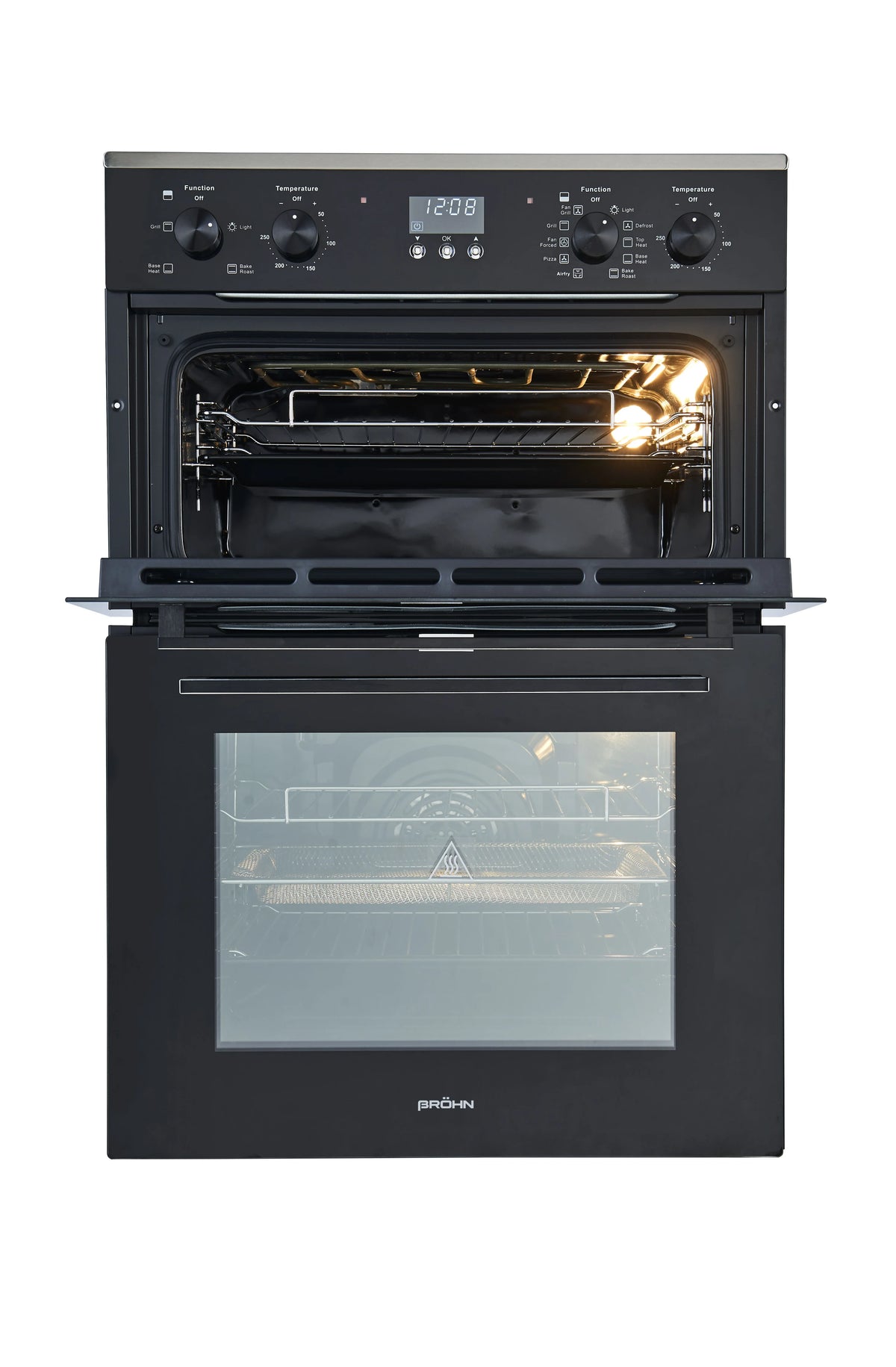 Brohn 60cm Built-In Electric Double Oven - 111L Net Capacity, Air Frying, Black Glass - BROD6001BLK