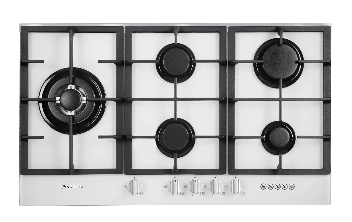 Artusi 90cm natural gas cooktop - 5 burners including wok, white glass, flame failure safety - CAGH9000W