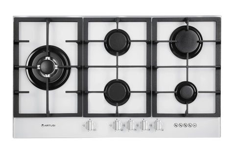 Artusi 90cm natural gas cooktop - 5 burners including wok, white glass, flame failure safety - CAGH9000W