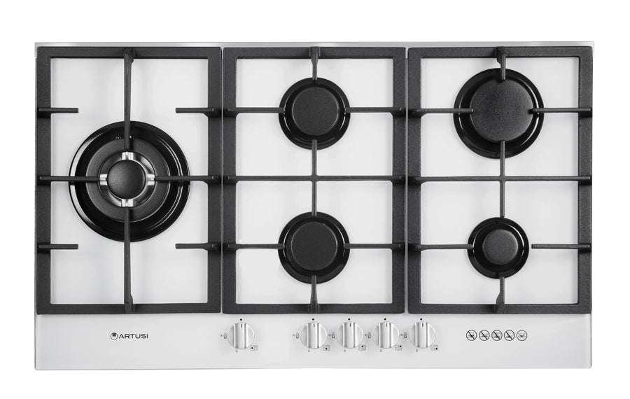 Artusi 90cm natural gas cooktop - 5 burners including wok, white glass, flame failure safety - CAGH9000W