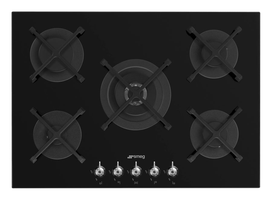 Smeg 72cm 5 Burner Gas on Glass Cooktop - Black Tempered Glass - Wok Burner - PV375NAU