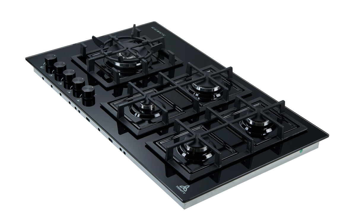 Trinity 90cm 5 Burner Gas Cooktop - Black Tempered Glass - Wok Burner - Cast Iron Trivets - TRG900BK
