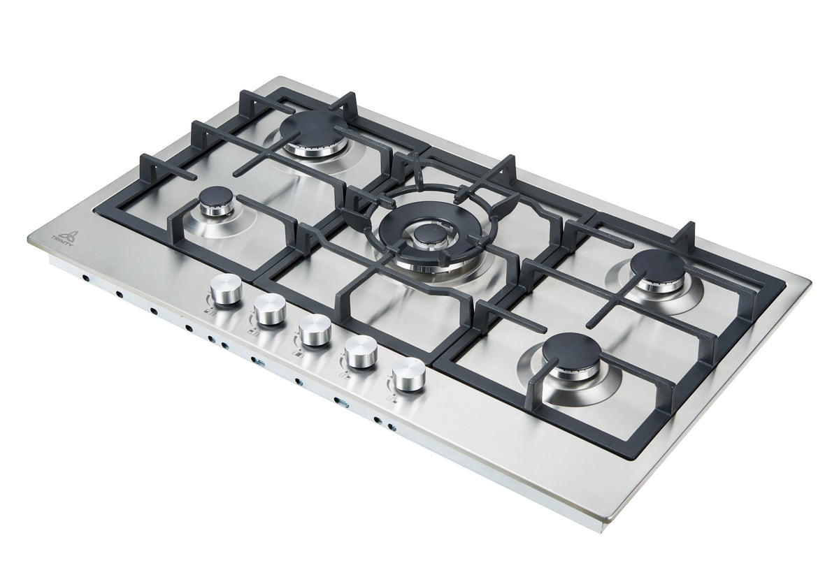 Trinity 90cm 5 Burner Gas Cooktop - Stainless Steel - Wok Burner - Cast Iron Trivets - TRG900SS