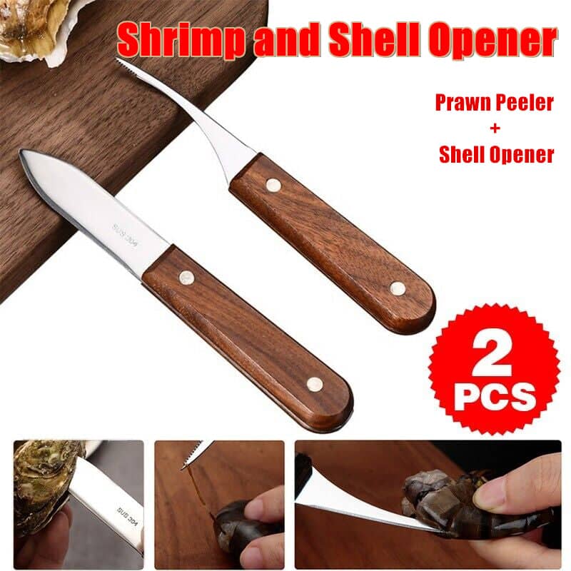Prawn Deveiner and Shellfish Opener Set, 2 Pieces with Wooden Handles