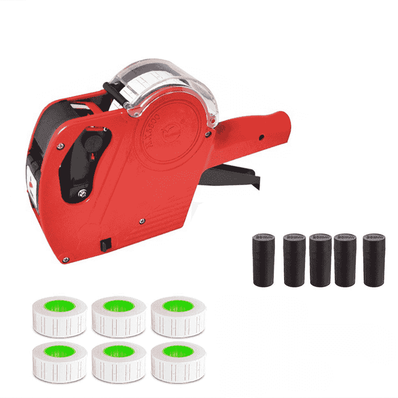Price Tag Gun Labeller Kit with 6 Label Rolls and 5 Ink Rollers - Red