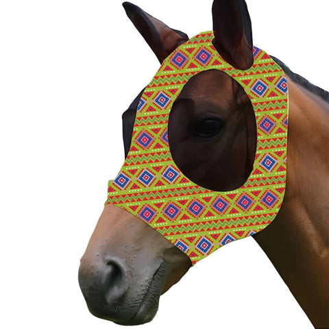 Printed Horse Fly Mask with Mesh Eyes and Ears - Green Geometric Print