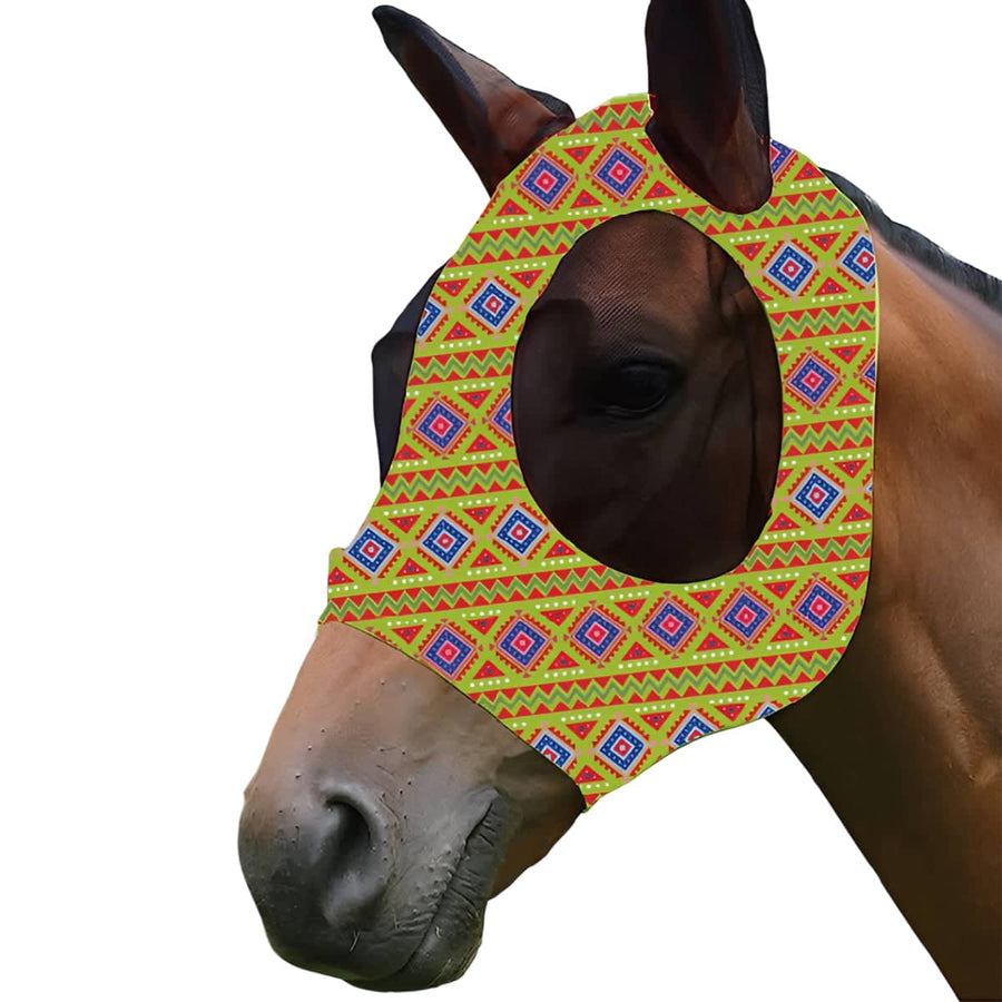 Printed Horse Fly Mask with Mesh Eyes and Ears - Green Geometric Print
