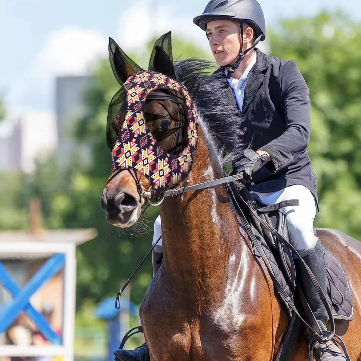 Printed Horse Fly Mask with Mesh Eyes and Ears - Green Geometric Print - view 5