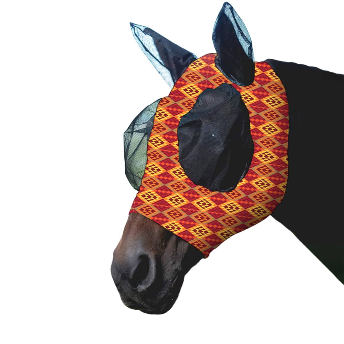 Printed Horse Fly Mask with Mesh Eyes and Ears - Red Geometric Print