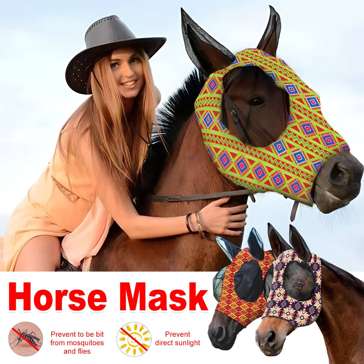 Printed Horse Fly Mask with Mesh Eyes and Ears - Red Geometric Print - view 2