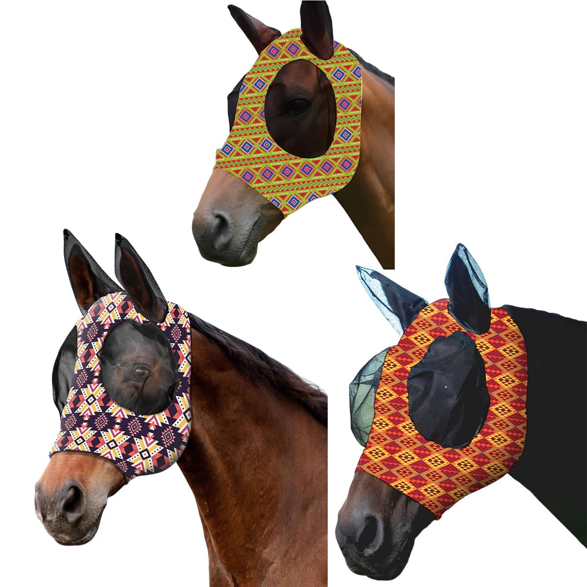 Printed Horse Fly Mask with Mesh Eyes and Ears - Red Geometric Print - view 3