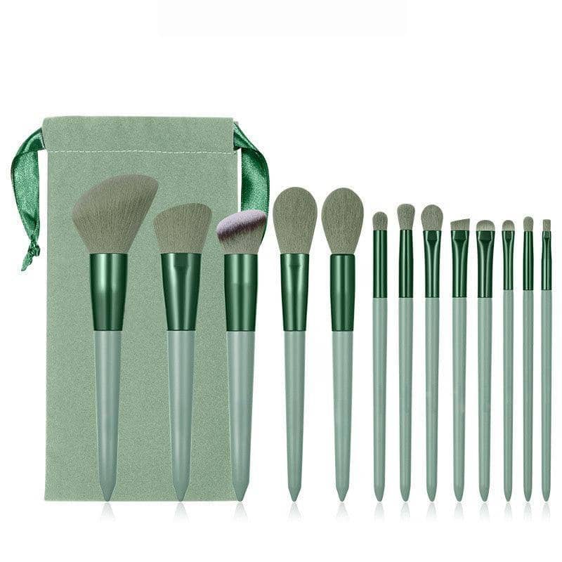 Professional Makeup Brush Set, 13 Pieces with Bag - Green with Wooden Handles