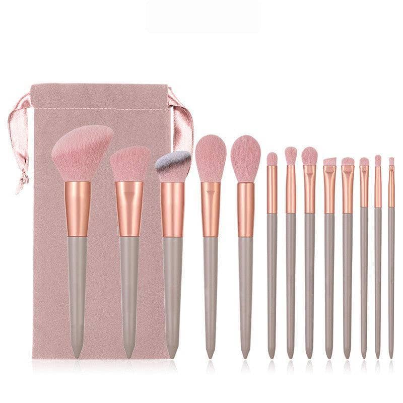 Professional Makeup Brush Set, 13 Pieces with Bag - Pink with Wooden Handles