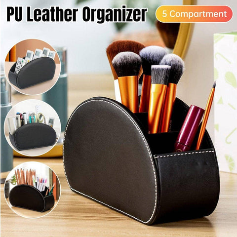 PU Leather Desktop Organiser, 5 Compartment Remote Control Holder - Black