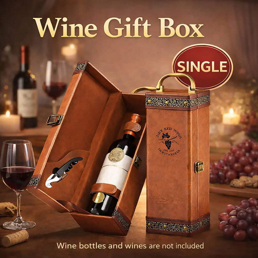 PU Leather Single Bottle Wine Gift Box for Red Wine, with Accessories - Brown